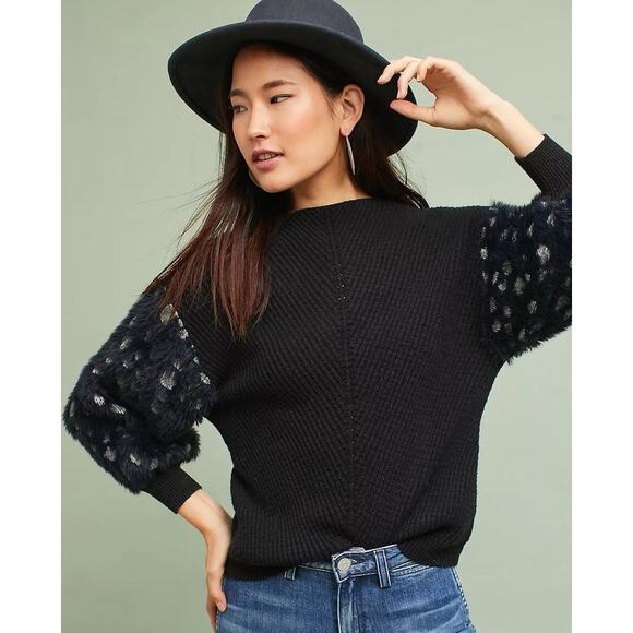 Anthropologie Sweaters - Anthropologie Knitted & Knotted Mock Neck Fuzzy Spotted Print Sleeve Sweater